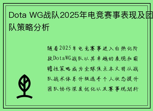 Dota WG战队2025年电竞赛事表现及团队策略分析